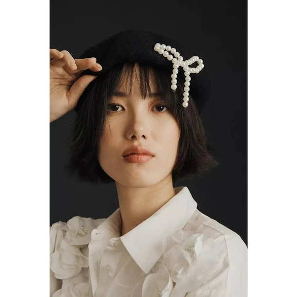 NWT Anthropologie Maeve Pearl Bow Beret One Size Black - Picture 11 of 16